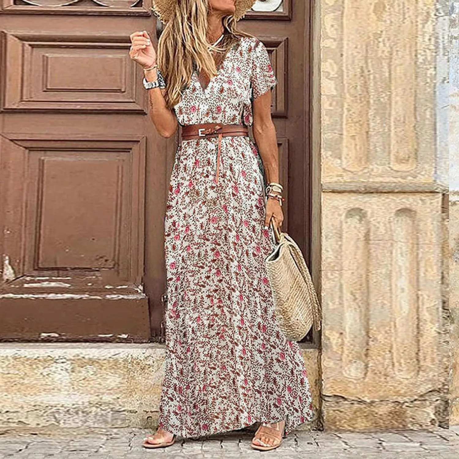 Eduavar Summer Dresses for Women 2024, Boho Dresses for Women 2024 Floral Print Long Dress Sexy V Neck Short Sleeveless Dress