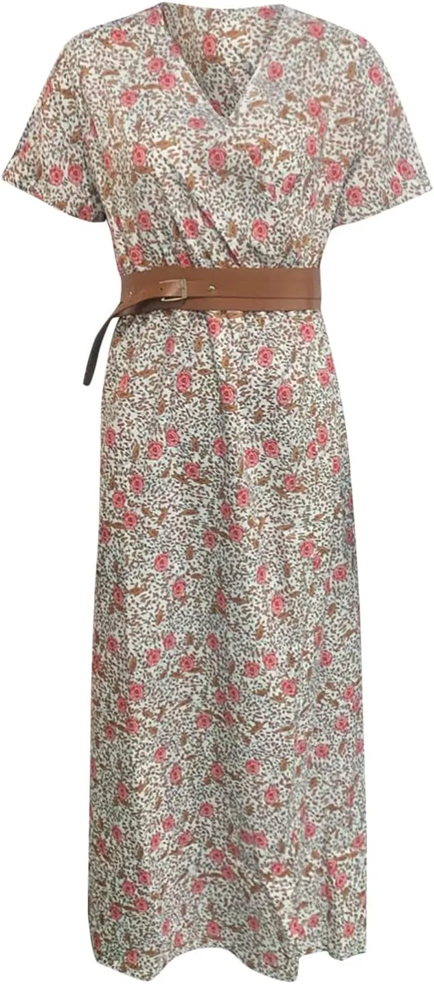 Eduavar Summer Dresses for Women 2024, Boho Dresses for Women 2024 Floral Print Long Dress Sexy V Neck Short Sleeveless Dress