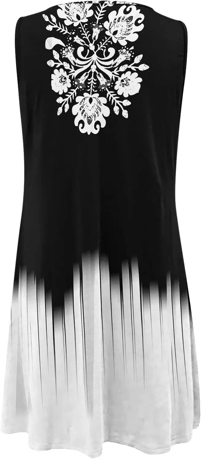 Eduavar Sundresses for Women 2024, Mini Dresses for Women Summer Floral Print Sexy Crew Neck Sleeveless Beach Mini Dress
