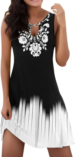 Eduavar Sundresses for Women 2024, Mini Dresses for Women Summer Floral Print Sexy Crew Neck Sleeveless Beach Mini Dress