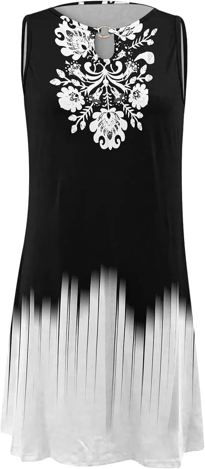 Eduavar Sundresses for Women 2024, Mini Dresses for Women Summer Floral Print Sexy Crew Neck Sleeveless Beach Mini Dress