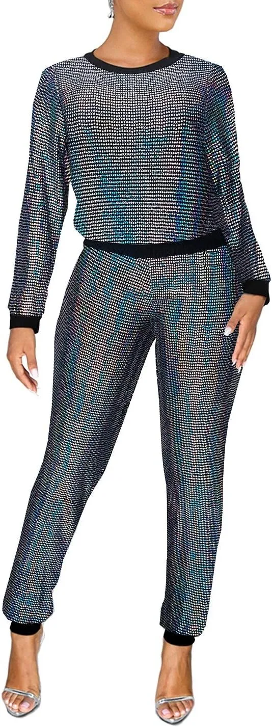 EOSIEDUR Womens 2 Piece Outfits & Sexy Silver Glitter Sequins & Metallic Shiny Top and Pants Set