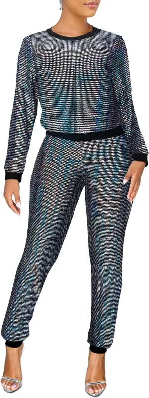 EOSIEDUR Womens 2 Piece Outfits & Sexy Silver Glitter Sequins & Metallic Shiny Top and Pants Set