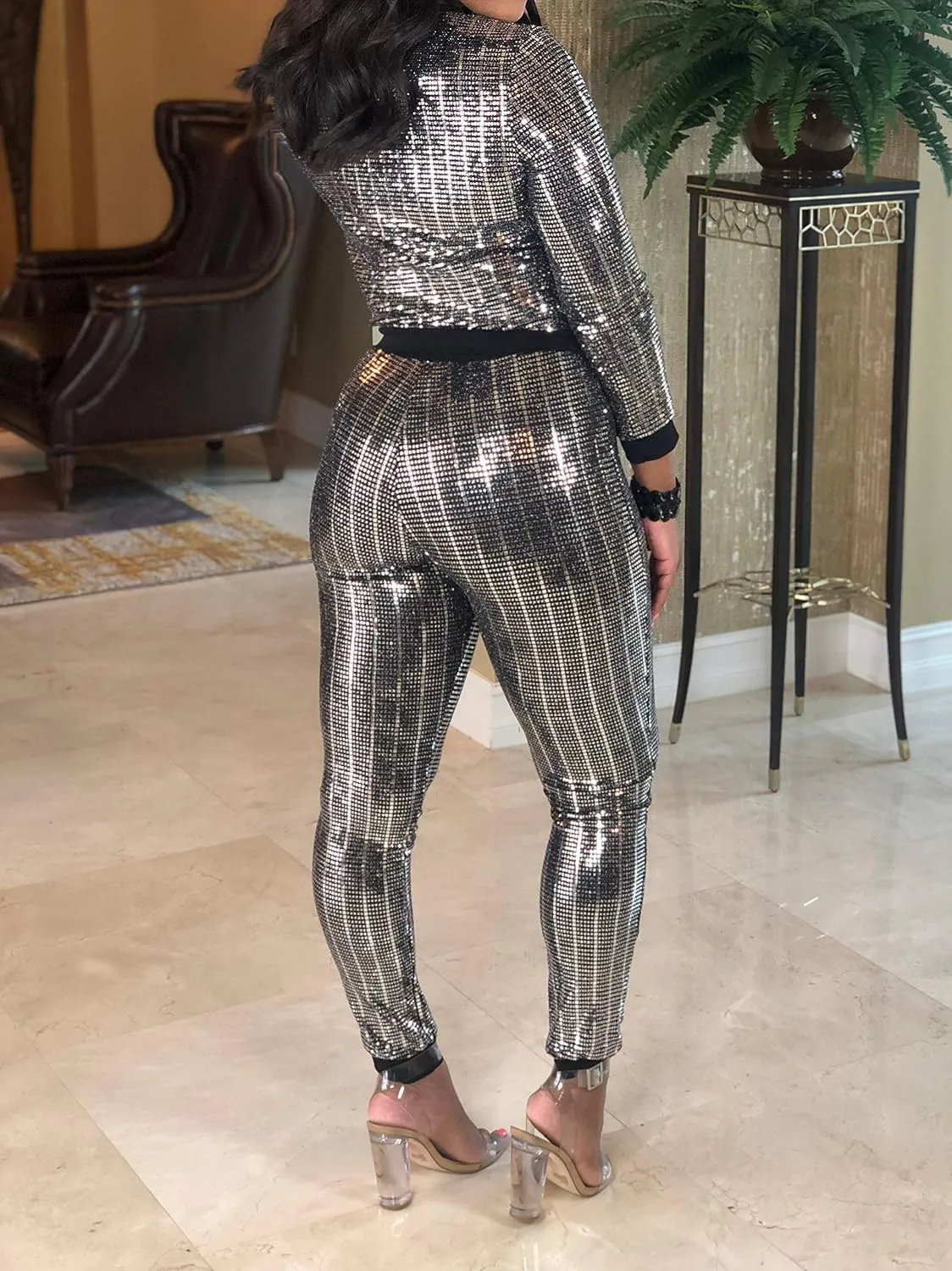 EOSIEDUR Womens 2 Piece Outfits & Sexy Silver Glitter Sequins & Metallic Shiny Top and Pants Set