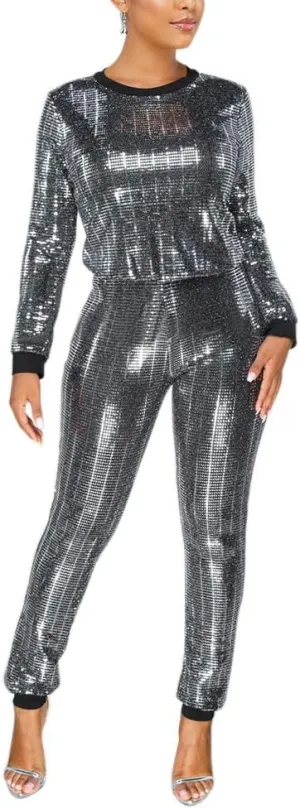 EOSIEDUR Womens 2 Piece Outfits & Sexy Silver Glitter Sequins & Metallic Shiny Top and Pants Set
