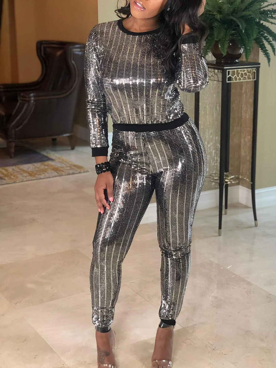 EOSIEDUR Womens 2 Piece Outfits & Sexy Silver Glitter Sequins & Metallic Shiny Top and Pants Set