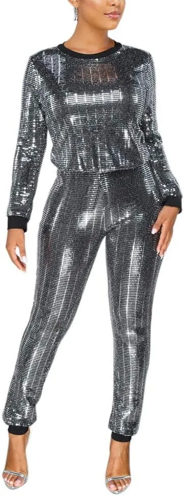 EOSIEDUR Womens 2 Piece Outfits & Sexy Silver Glitter Sequins & Metallic Shiny Top and Pants Set