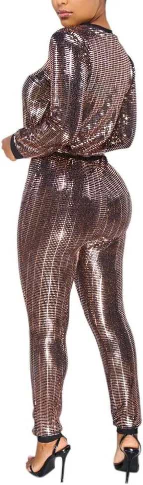 EOSIEDUR Womens 2 Piece Outfits & Sexy Silver Glitter Sequins & Metallic Shiny Top and Pants Set