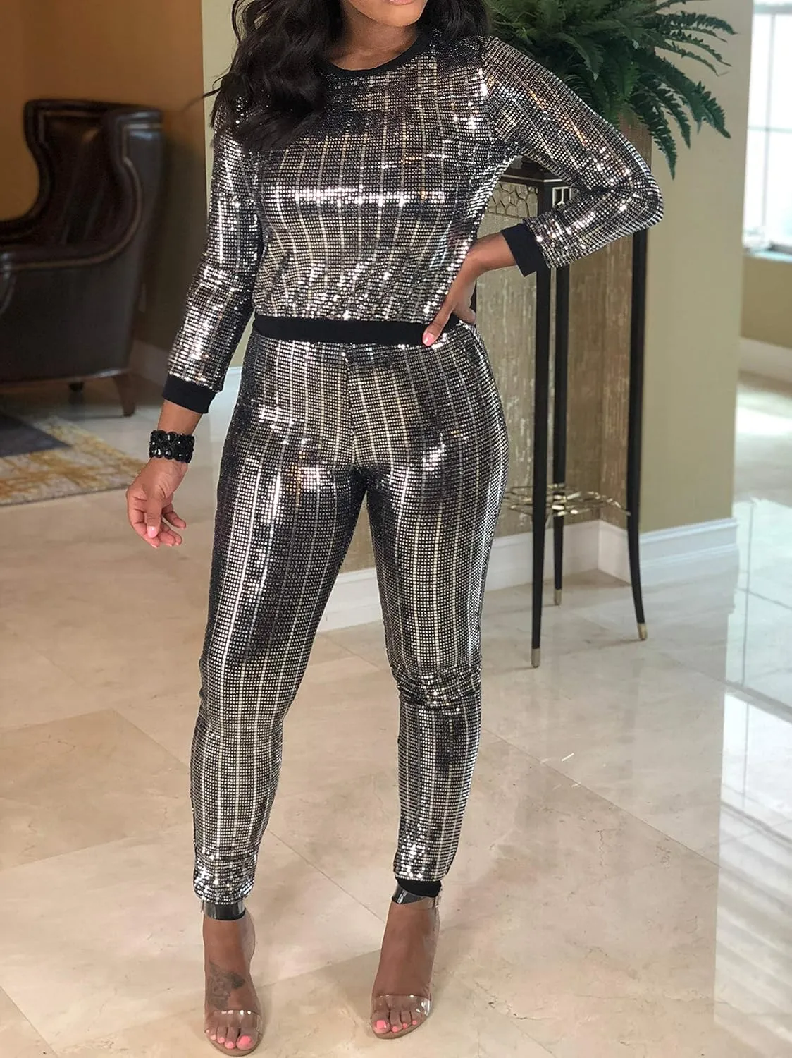 EOSIEDUR Womens 2 Piece Outfits & Sexy Silver Glitter Sequins & Metallic Shiny Top and Pants Set