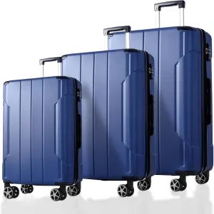 Expandable Hard Shell ABS Suitcases Set, 3-Piece with Double Spinner Wheels, Travel Luggage in Blue