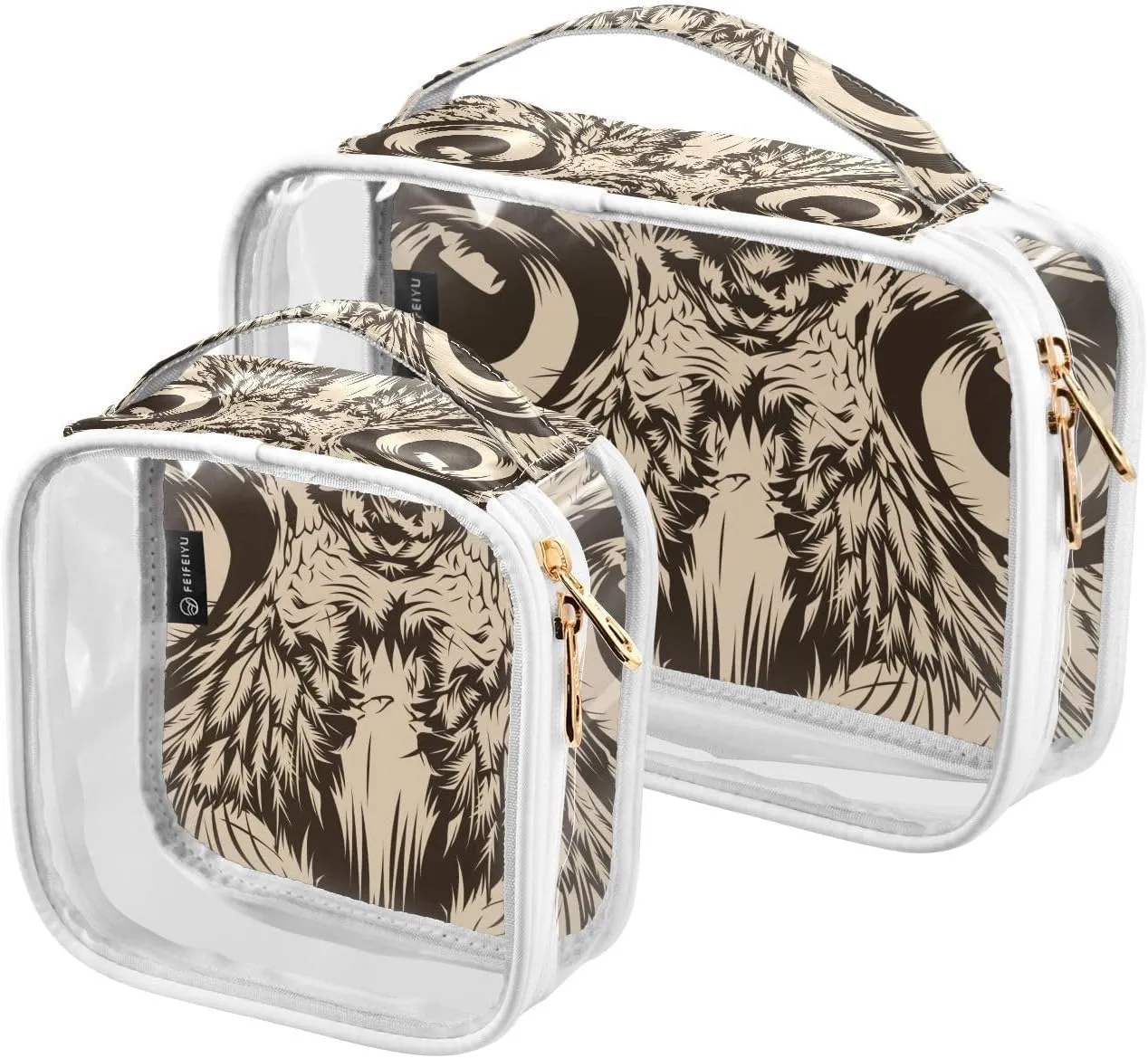 Face-owl-print 2 Pack Clear Toiletry Bag Women Men, Portable Waterproof Clear Pouch, Cosmetic Bag with Double Zippers Large Opening Traveling with Handle for Bathroom Traveling Vacation Organizing