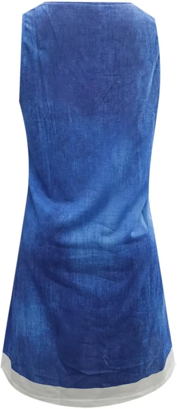Fake Two Piece Dresses for Women Summer Casual Scoop Neck Sundress Vintage Denim Print Sleeveless Tank Dress