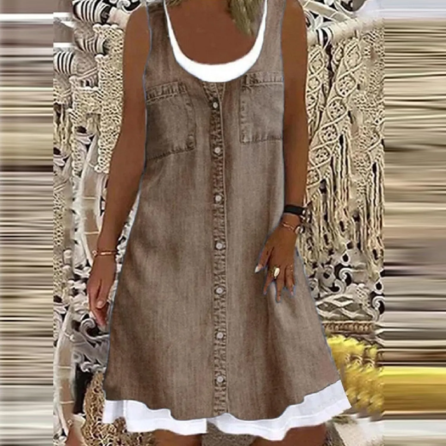 Fake Two Piece Dresses for Women Summer Casual Scoop Neck Sundress Vintage Denim Print Sleeveless Tank Dress