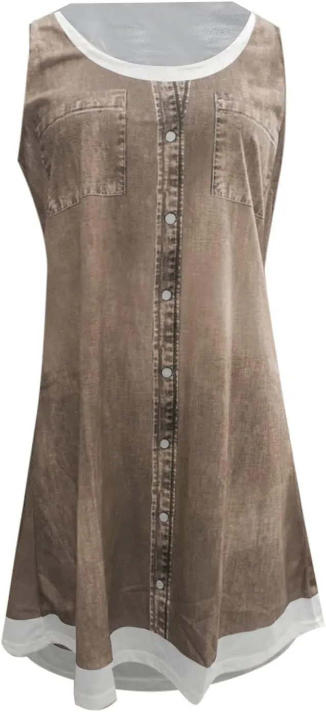 Fake Two Piece Dresses for Women Summer Casual Scoop Neck Sundress Vintage Denim Print Sleeveless Tank Dress