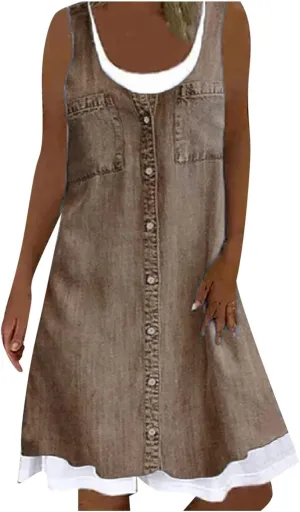 Fake Two Piece Dresses for Women Summer Casual Scoop Neck Sundress Vintage Denim Print Sleeveless Tank Dress