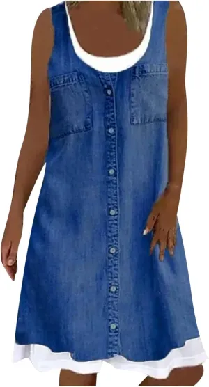 Fake Two Piece Dresses for Women Summer Casual Scoop Neck Sundress Vintage Denim Print Sleeveless Tank Dress