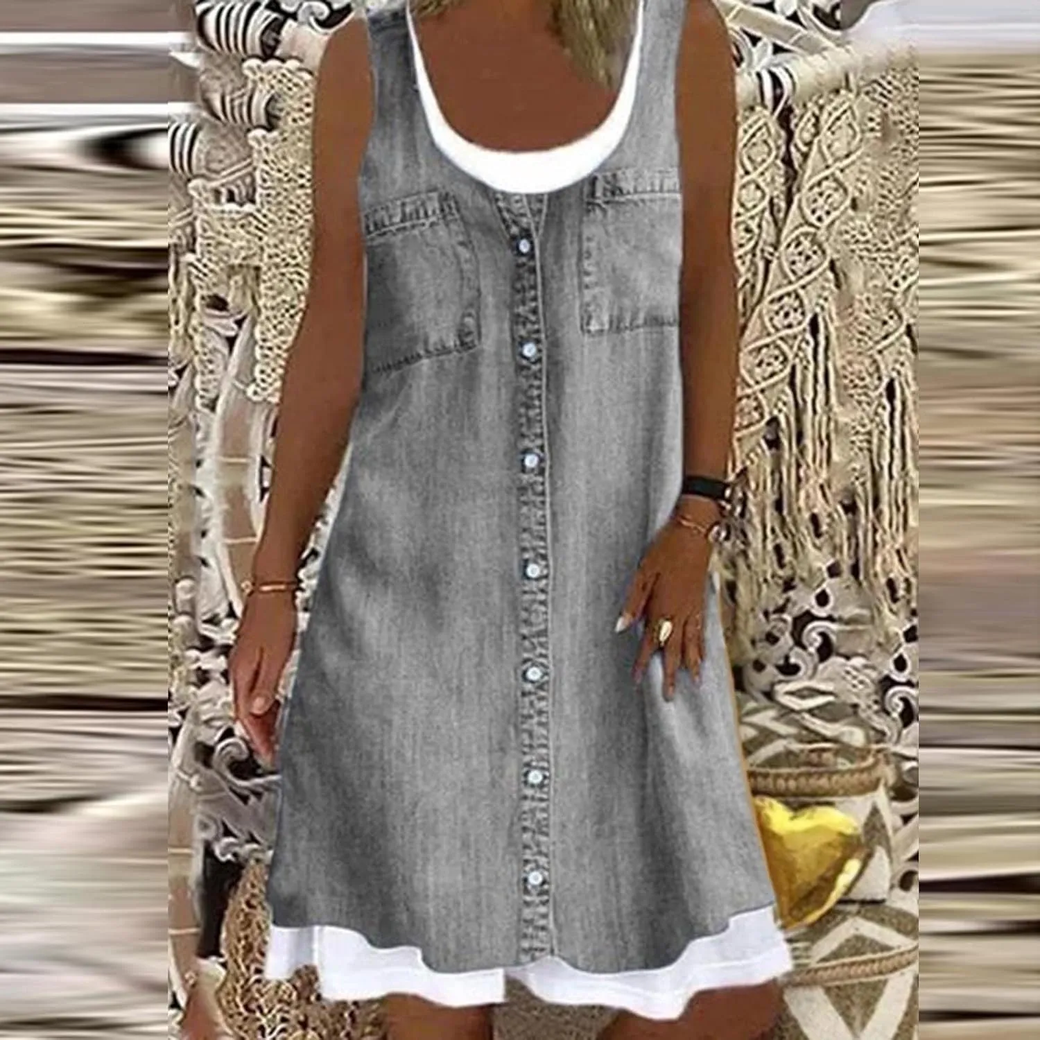 Fake Two Piece Dresses for Women Summer Casual Scoop Neck Sundress Vintage Denim Print Sleeveless Tank Dress