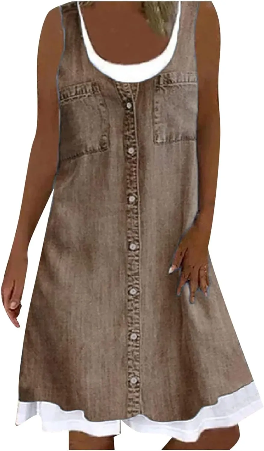Fake Two Piece Dresses for Women Summer Casual Scoop Neck Sundress Vintage Denim Print Sleeveless Tank Dress