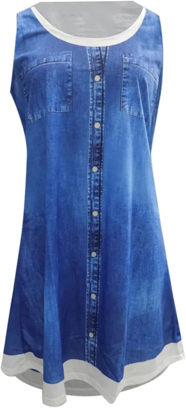 Fake Two Piece Dresses for Women Summer Casual Scoop Neck Sundress Vintage Denim Print Sleeveless Tank Dress