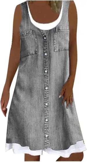 Fake Two Piece Dresses for Women Summer Casual Scoop Neck Sundress Vintage Denim Print Sleeveless Tank Dress