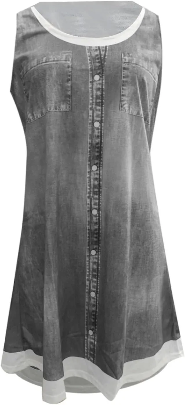 Fake Two Piece Dresses for Women Summer Casual Scoop Neck Sundress Vintage Denim Print Sleeveless Tank Dress