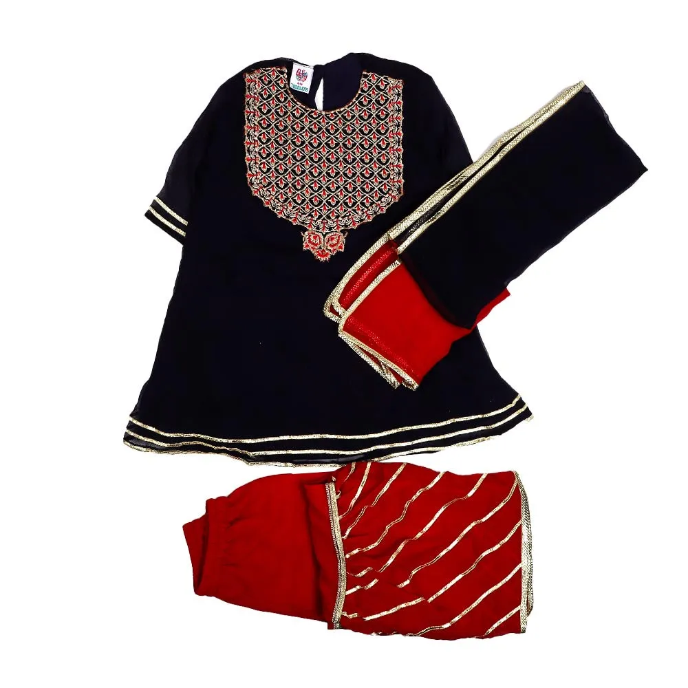 Fancy Eastern Embroidery 3 PCs Suit For Girls - Navy (E3PC-15)