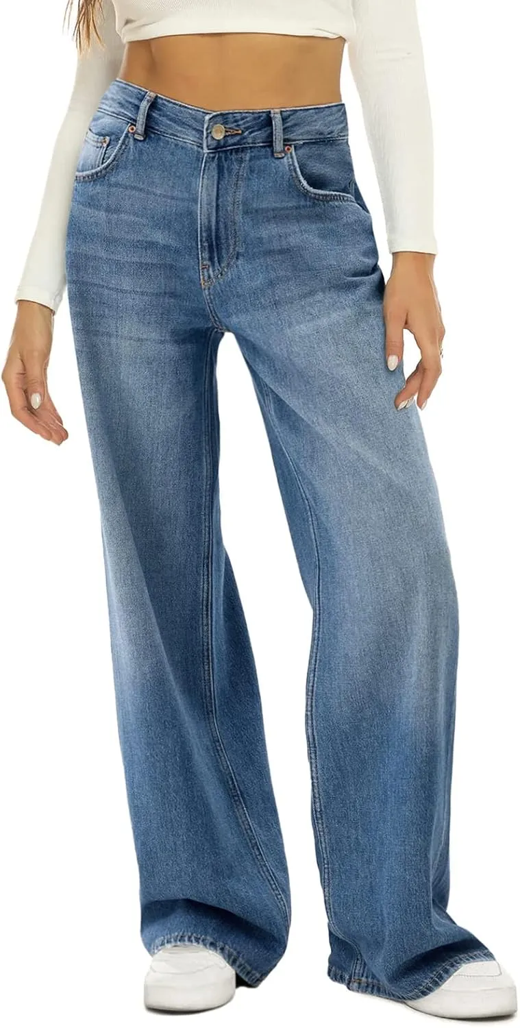 Fanvereka Women Mid-Rise Baggy Jeans Y2K Wide Straight Leg Denim Pants Loose Streetwear Denim Trousers with Side Pockets