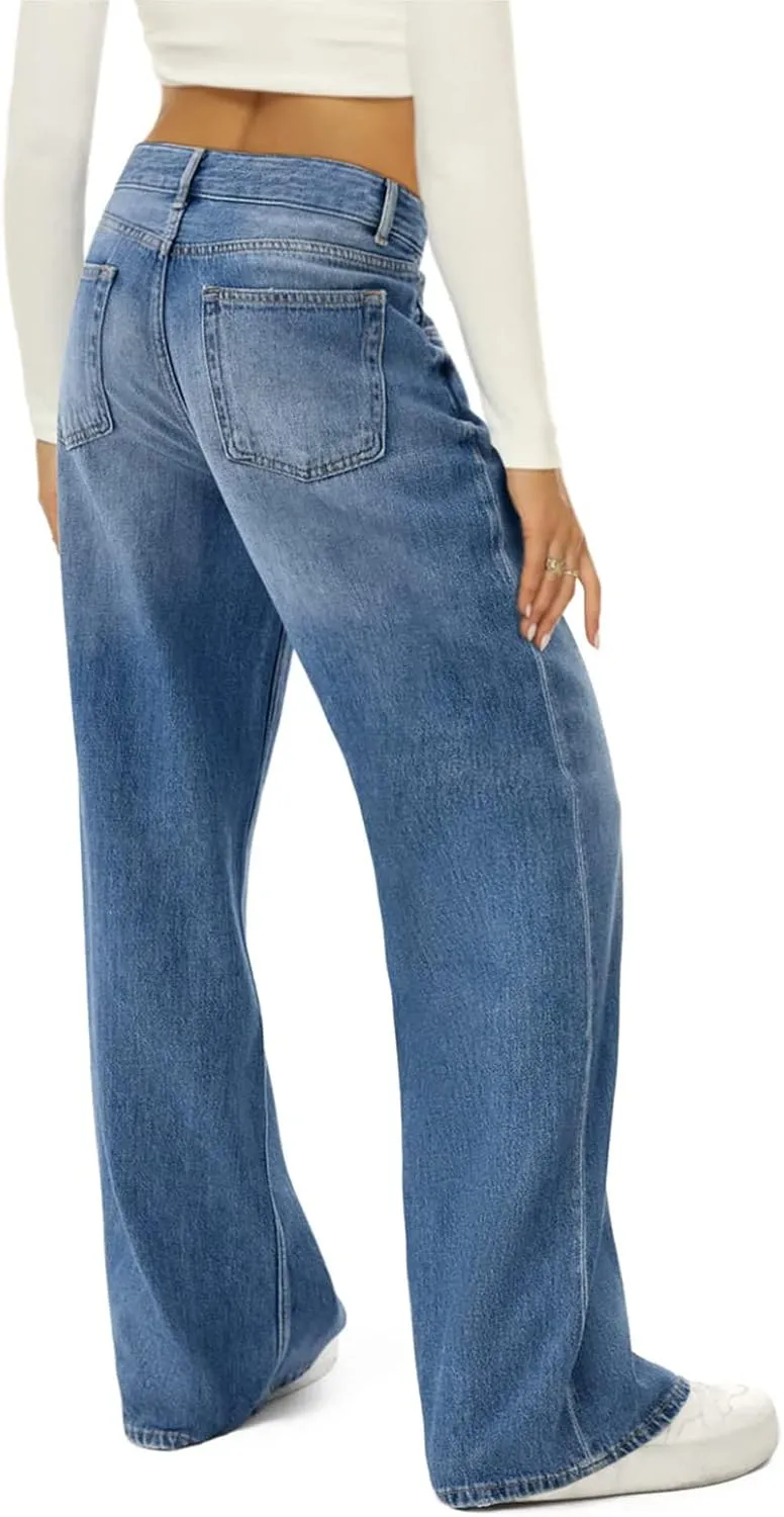 Fanvereka Women Mid-Rise Baggy Jeans Y2K Wide Straight Leg Denim Pants Loose Streetwear Denim Trousers with Side Pockets