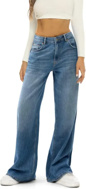 Fanvereka Women Mid-Rise Baggy Jeans Y2K Wide Straight Leg Denim Pants Loose Streetwear Denim Trousers with Side Pockets