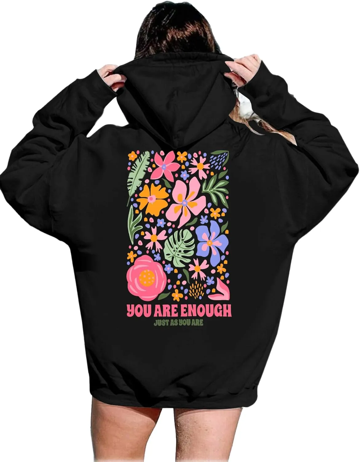 FAYALEQ You Are Enough Hoodie For Women Graphic Long Sleeve Sweatshirts Oversized Inspirational Pullover Top