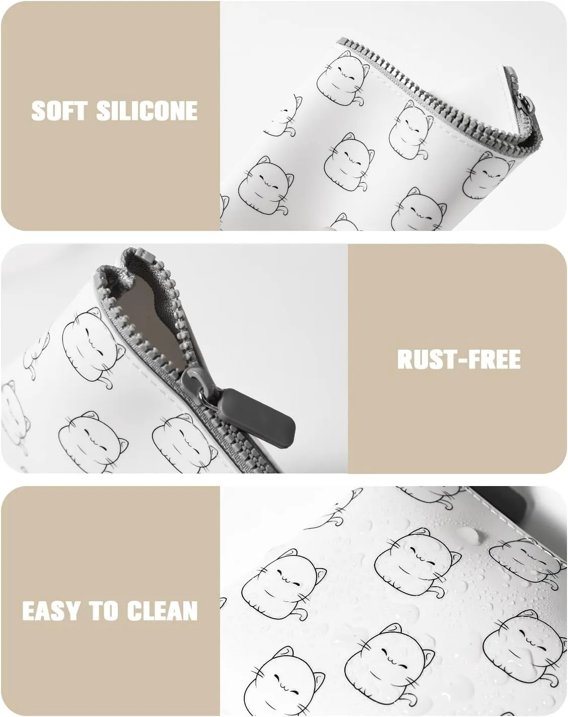 FERYES Cute Cat Silicone Makeup Bag for Travel, Cosmetics Bag for Makeup Brush & Essential Makeup Tools, Make Up Zipper Pouch Gifts for Women - White