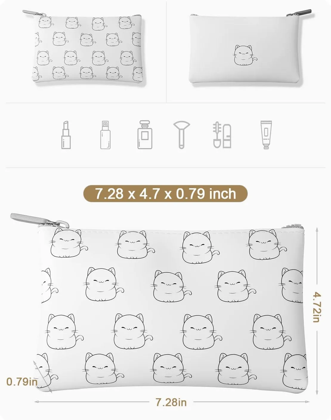 FERYES Cute Cat Silicone Makeup Bag for Travel, Cosmetics Bag for Makeup Brush & Essential Makeup Tools, Make Up Zipper Pouch Gifts for Women - White