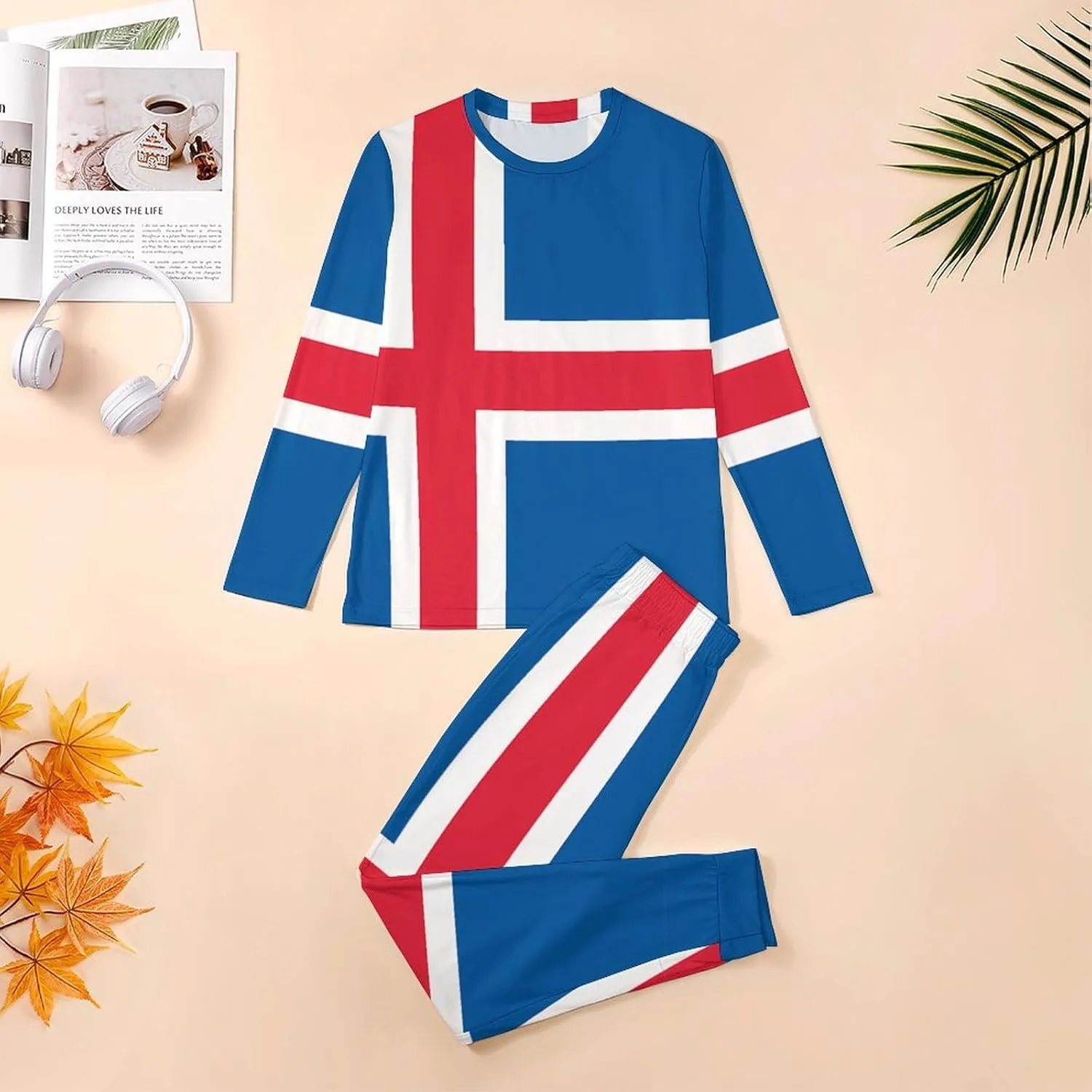 Flag of Iceland Men's Pajama 2 Piece Set Long Sleeve Loungewear Top And Bottom with Pockets