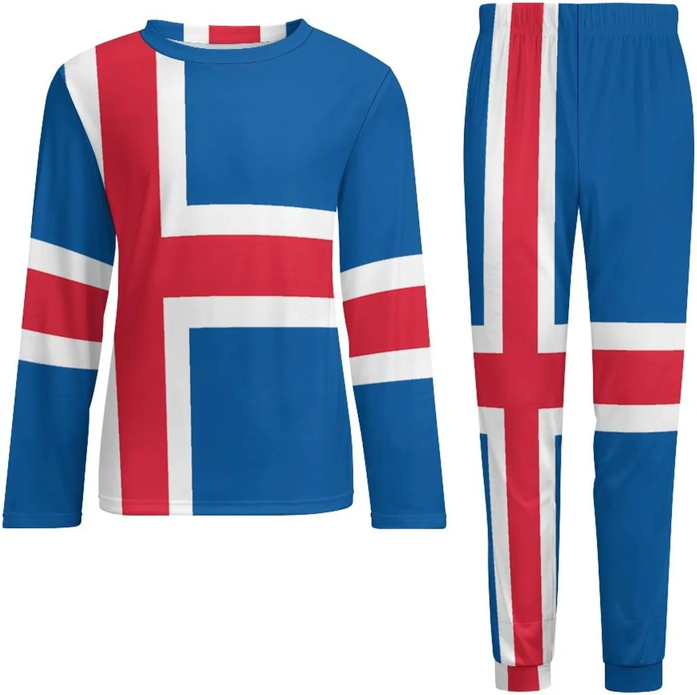 Flag of Iceland Men's Pajama 2 Piece Set Long Sleeve Loungewear Top And Bottom with Pockets