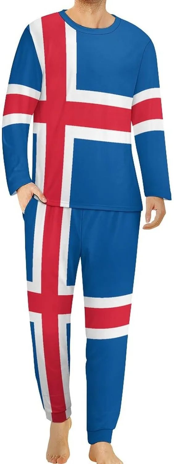 Flag of Iceland Men's Pajama 2 Piece Set Long Sleeve Loungewear Top And Bottom with Pockets