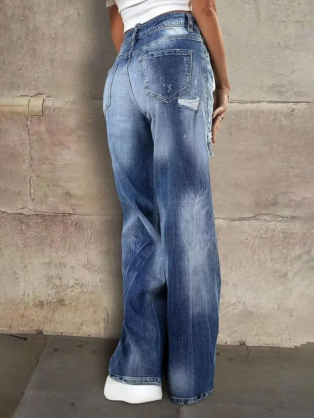 Flamingals Women's Straight Leg Mid Rise Ripped Jeans for Women Casual Wide Leg Denim Pants