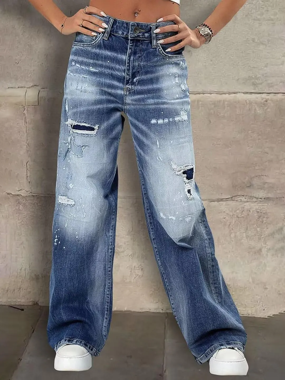 Flamingals Women's Straight Leg Mid Rise Ripped Jeans for Women Casual Wide Leg Denim Pants