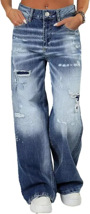 Flamingals Women's Straight Leg Mid Rise Ripped Jeans for Women Casual Wide Leg Denim Pants