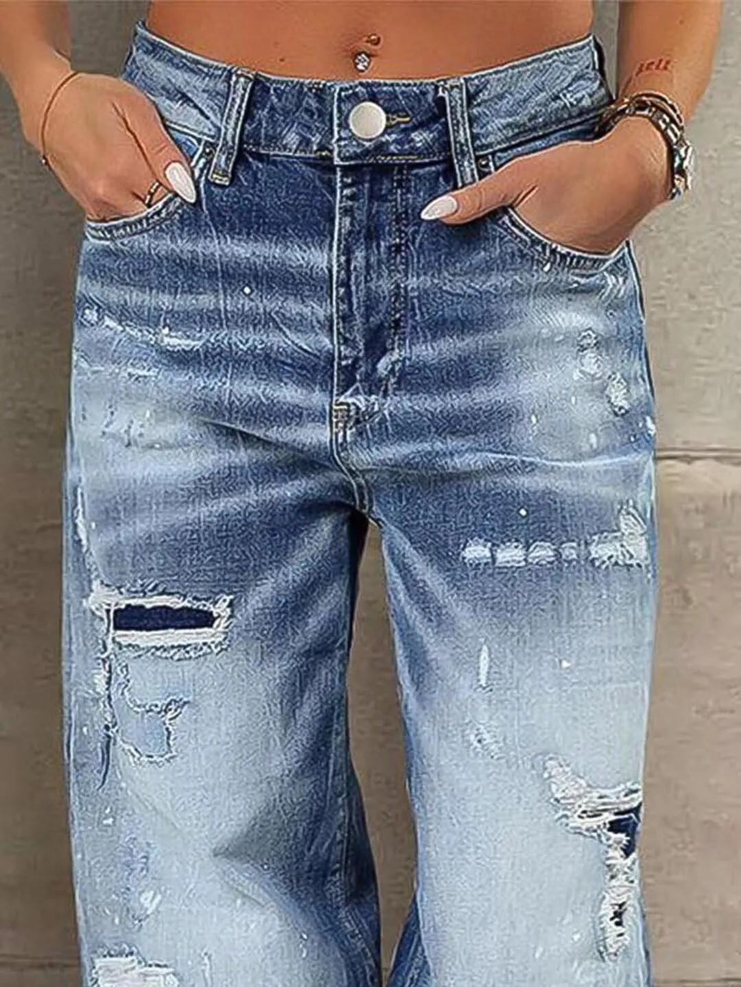 Flamingals Women's Straight Leg Mid Rise Ripped Jeans for Women Casual Wide Leg Denim Pants