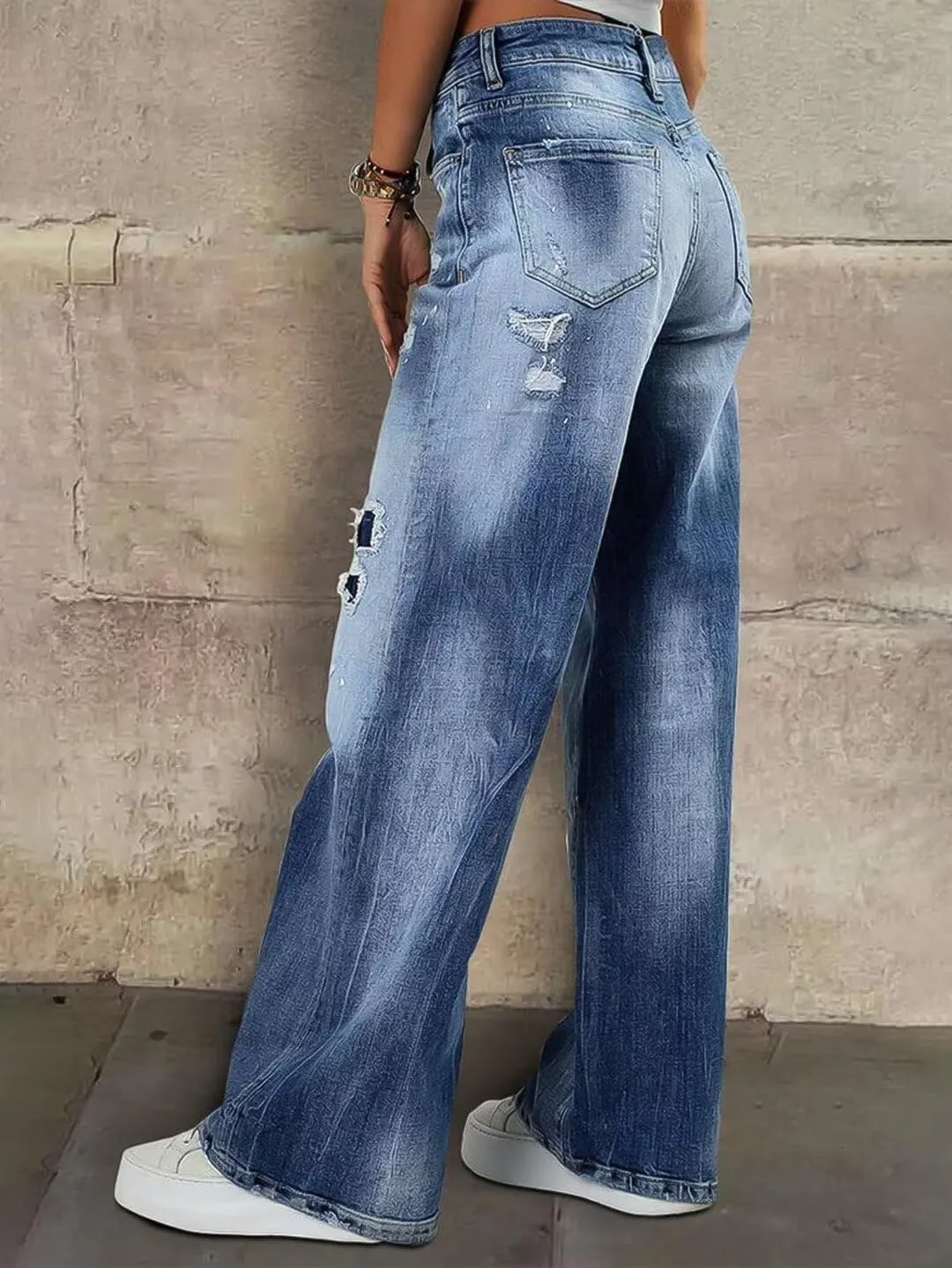 Flamingals Women's Straight Leg Mid Rise Ripped Jeans for Women Casual Wide Leg Denim Pants