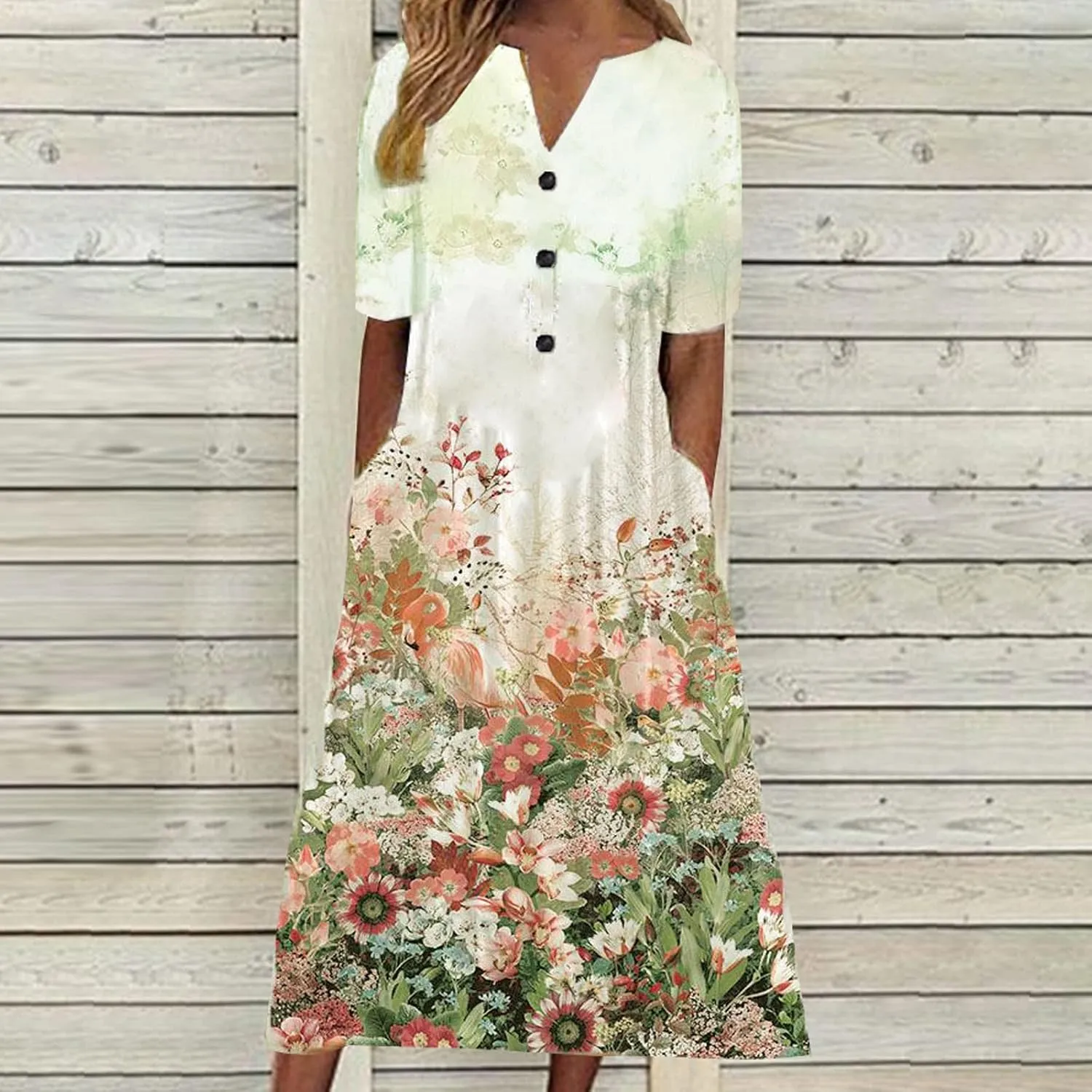 FlekmanArt Dresses for Women 2023 Casual Button-Up Solid Color Printed Dress Small V-Neck Loose 1/2 Sleeve Dress with Pocket