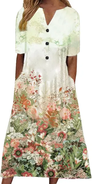 FlekmanArt Dresses for Women 2023 Casual Button-Up Solid Color Printed Dress Small V-Neck Loose 1/2 Sleeve Dress with Pocket