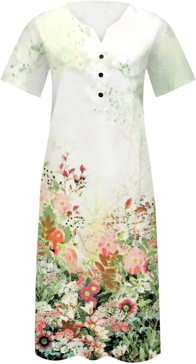FlekmanArt Dresses for Women 2023 Casual Button-Up Solid Color Printed Dress Small V-Neck Loose 1/2 Sleeve Dress with Pocket