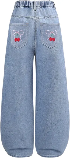Floerns Girl's Y2k Bowknot Print Elastic Waist Jeans Wide Leg Cute Denim Pants