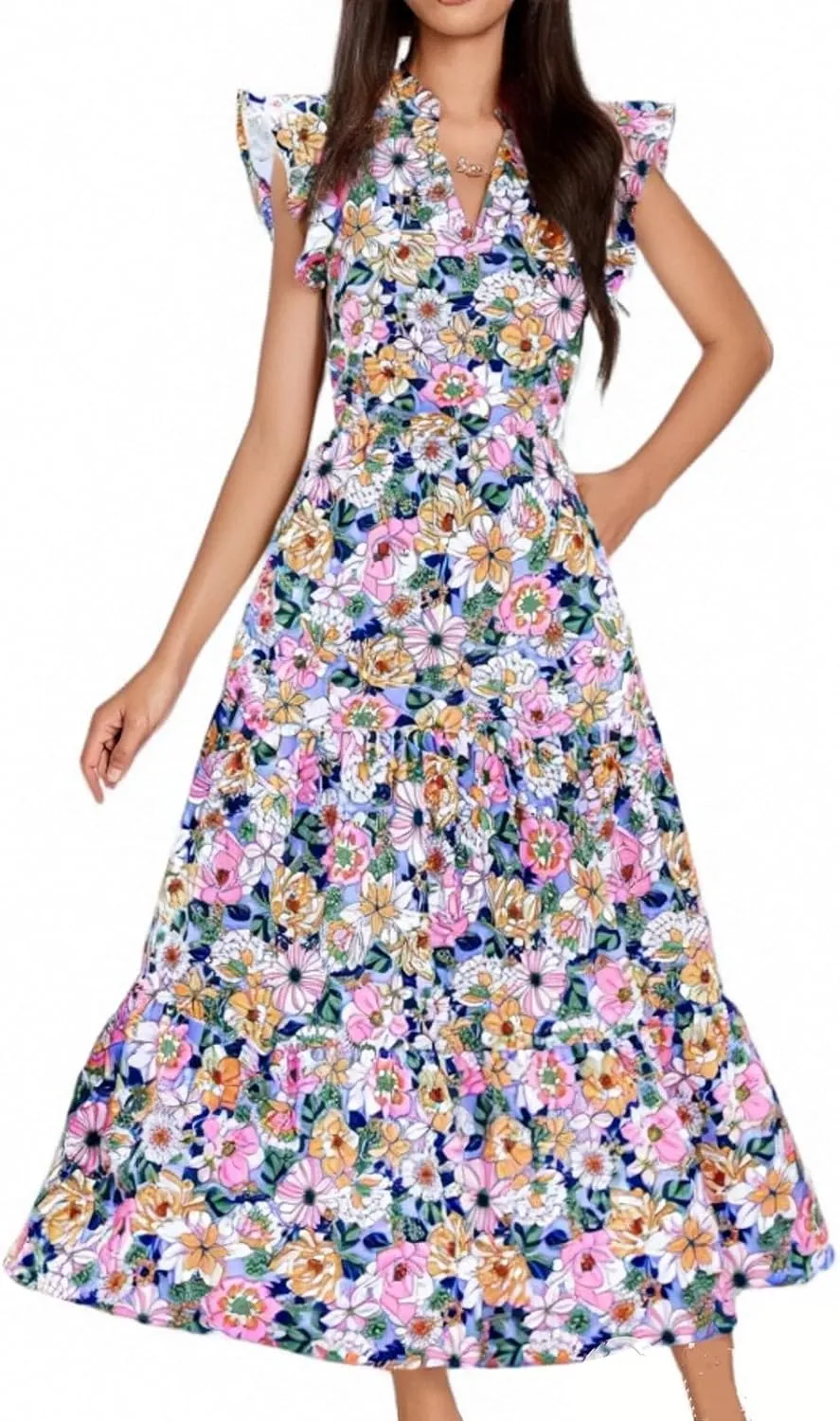 Floral Dress for Women Summer V Neck Ruffle Cap Sleeve Midi Dresses Flowy Boho Casual Beach Vacation Dress