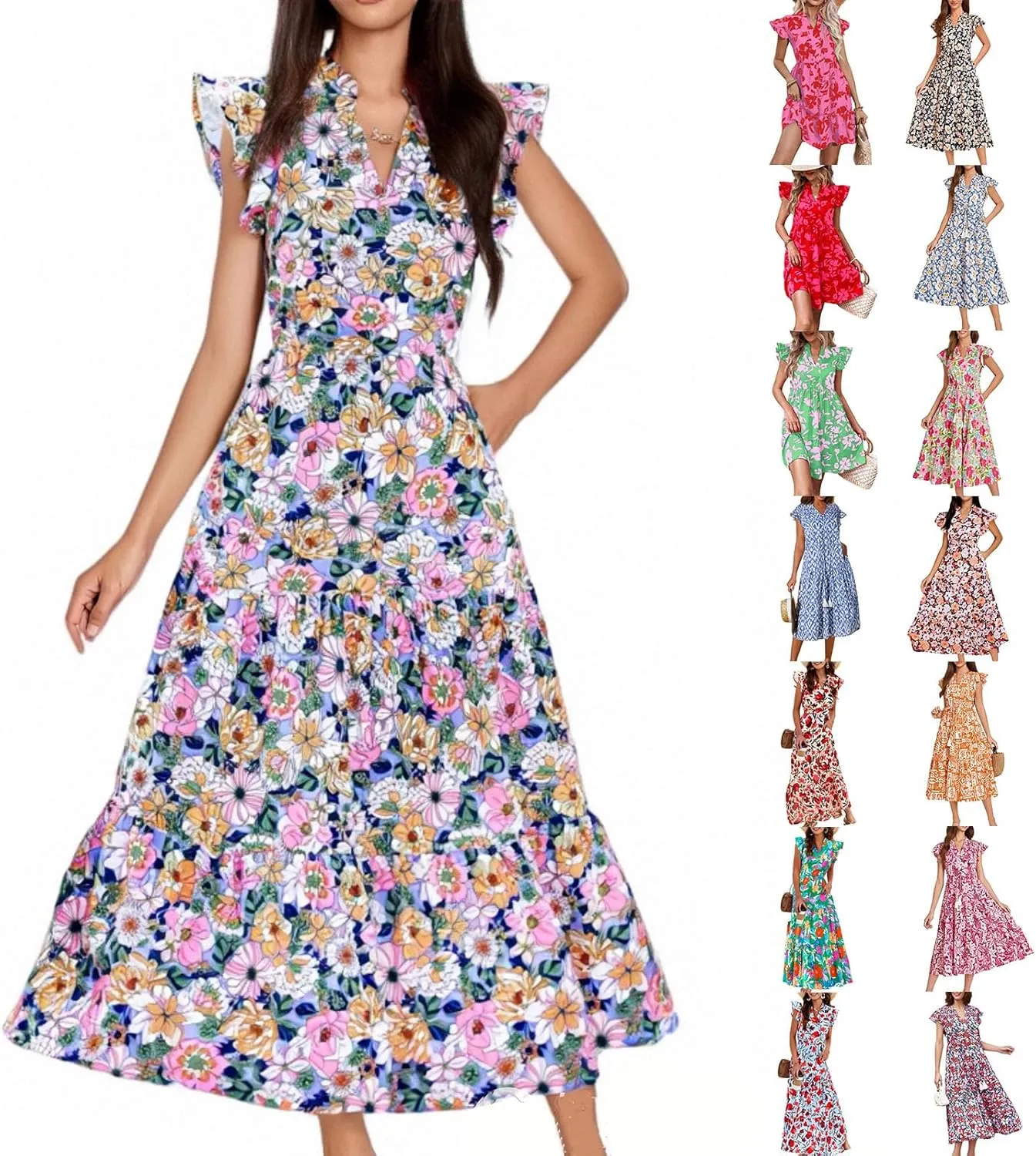 Floral Dress for Women Summer V Neck Ruffle Cap Sleeve Midi Dresses Flowy Boho Casual Beach Vacation Dress