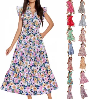 Floral Dress for Women Summer V Neck Ruffle Cap Sleeve Midi Dresses Flowy Boho Casual Beach Vacation Dress