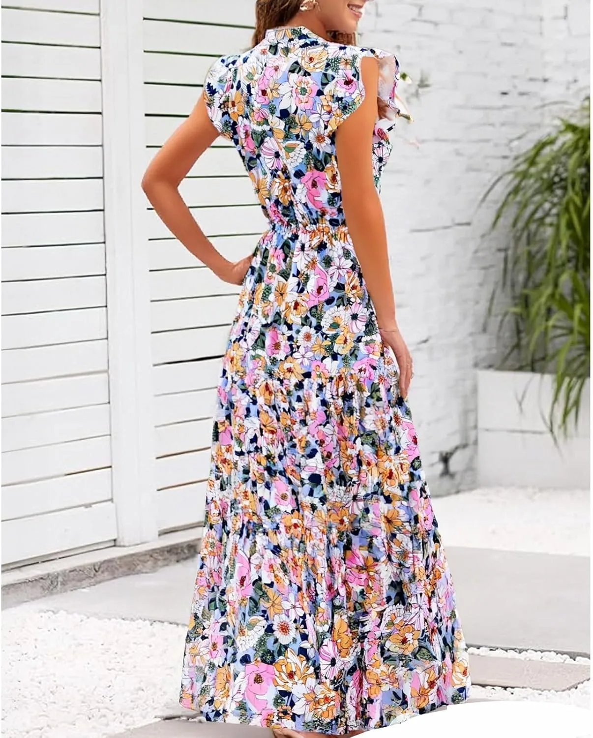 Floral Dress for Women Summer V Neck Ruffle Cap Sleeve Midi Dresses Flowy Boho Casual Beach Vacation Dress