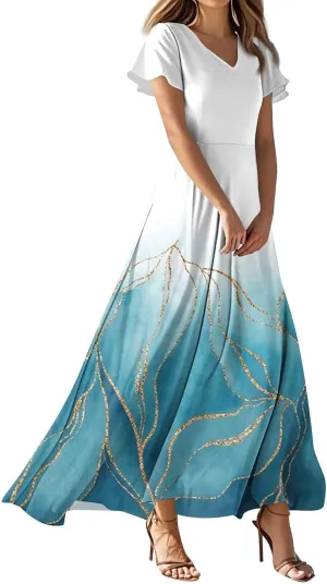 Floral Dress for Women V Neck Flutter Sleeve Boho Midi Dress Summer Wedding Guest Beach Party Long Dresses