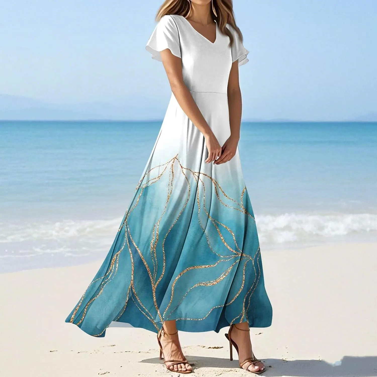 Floral Dress for Women V Neck Flutter Sleeve Boho Midi Dress Summer Wedding Guest Beach Party Long Dresses